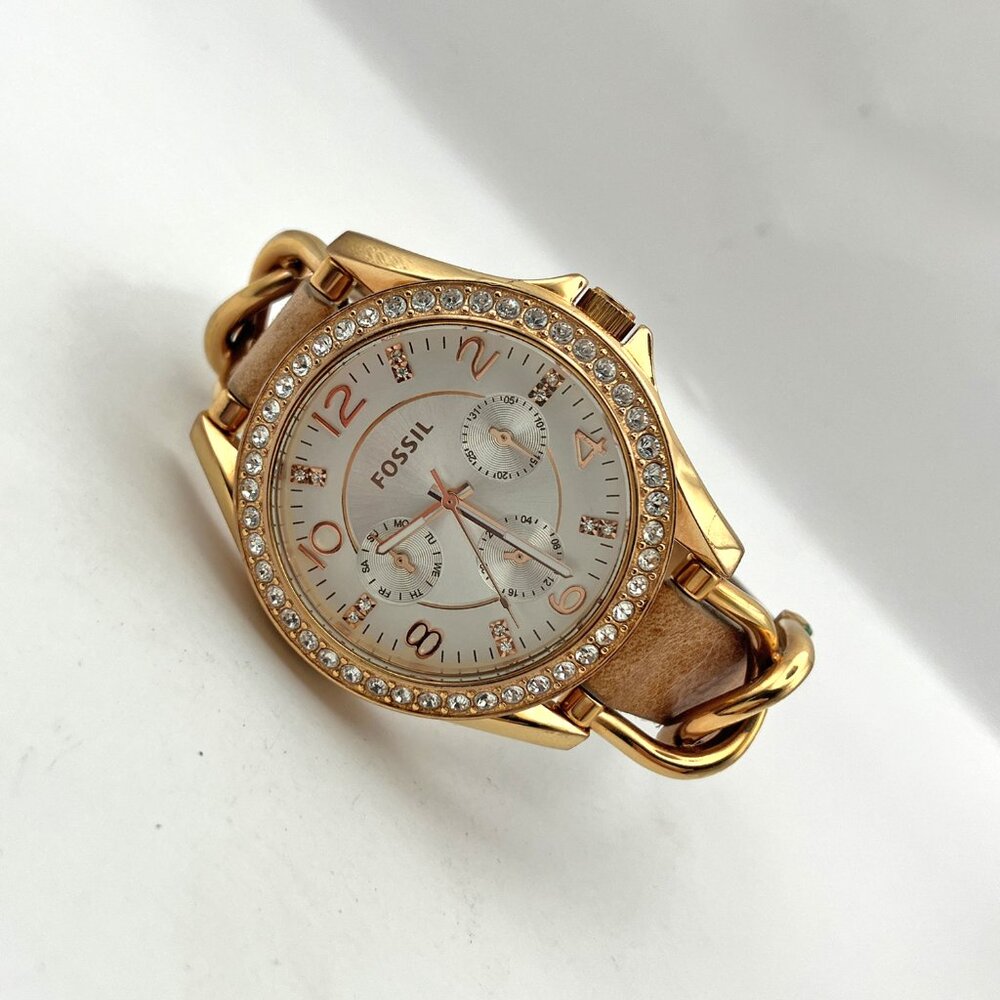 Fossil Multi Function Day Date Watch ES3466 Rose Gold Crystal Bezel 37mm